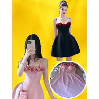   Video thật  Đầm váy 2 dây tafta lụa đính hoa 3D chiết eo xoè chữ A đen hồng cúp ngực dự tiệc cưới cao cấp CATU 