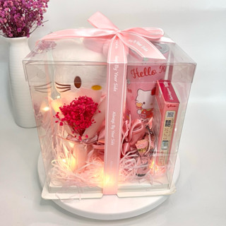 Set quà tặng Hello Kitty hộp quà trong suốt gấu Hello Kitty, bình giữ nhiệt, hoa baby và bánh kẹo socola