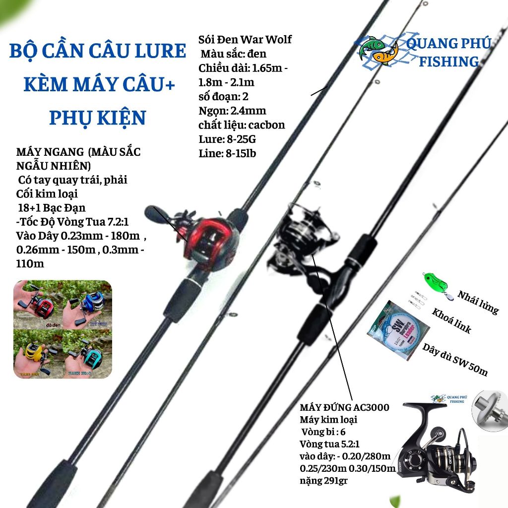 Combo cần câu máy câu lure máy đứng máy ngang sói đen giá rẻ  bằng cacbon dài 1m65 1m8 2m1 câu được cá 5kg