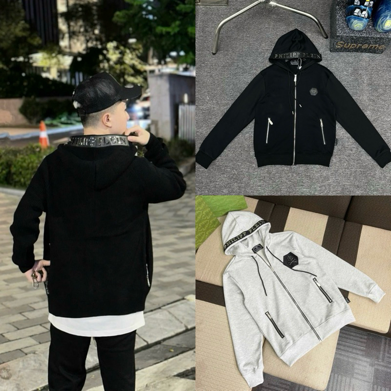 Áo khoác hoodie zip nam nữ Philipp Plein nỉ chân cua thêu logo sắt phối viền mũ vạch da tag chữ HZ50P