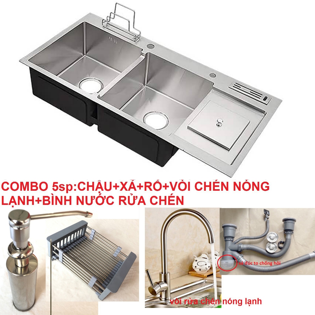 Combo Chậu Rửa Chén Bát INOX  N3 10048 NA.GRAND và Xả và Rổ và Vòi chén và Bình nước rửa chén