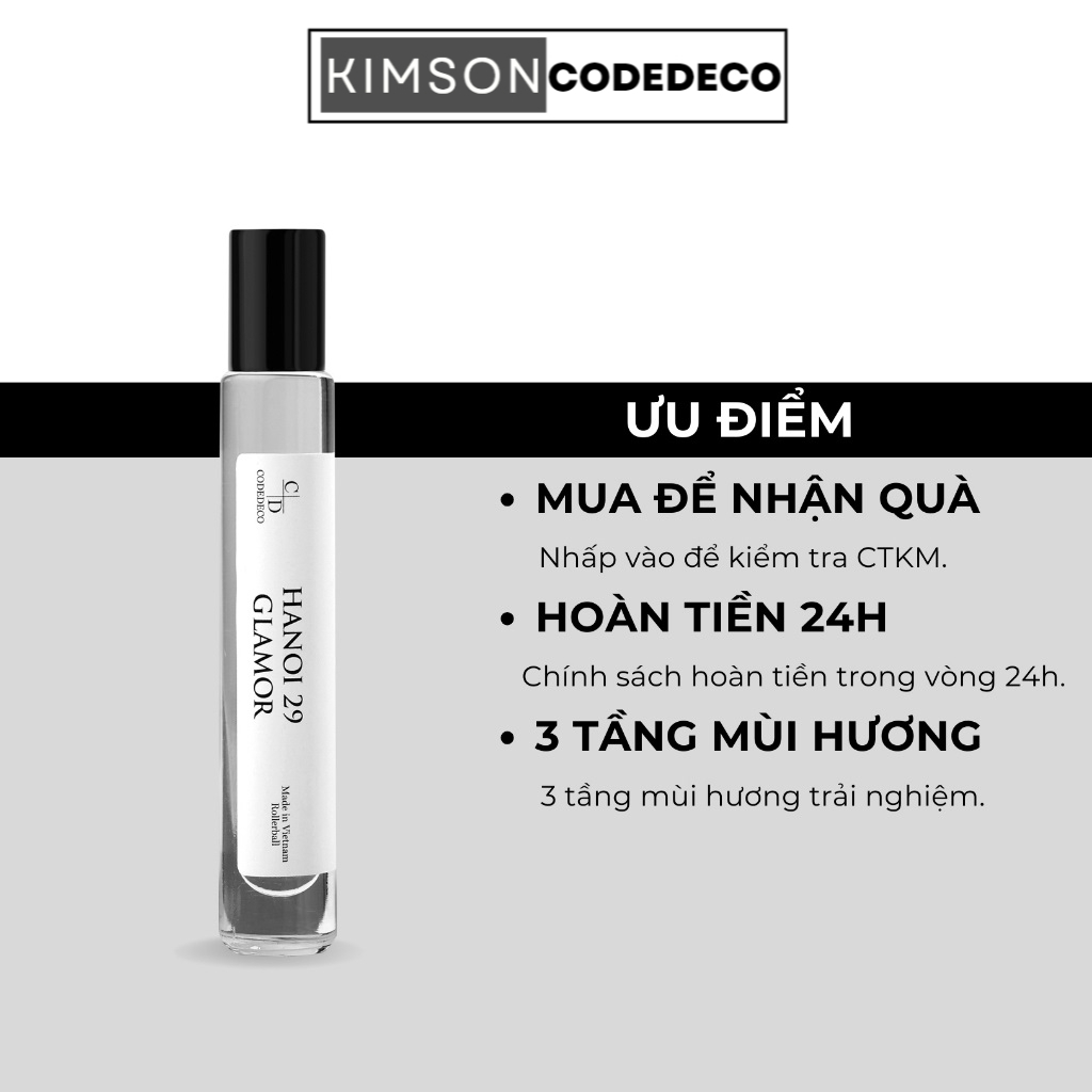 Tinh dầu nước hoa dạng lăn CODEDECO Hanoi 29 Glamor Nhẹ Nhàng, Thanh Lịch, Tinh Tế Dạng Lăn - 10ml