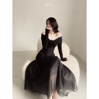 METWO. - Set váy đen dự tiệc thiết kế áo thun nhũ trễ vai ôm body xoắn ngực kèm chân váy dài maxi voan tơ 2 lớp cạp cao