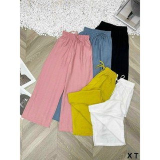 Quần Ống Rộng Ống Suông Nữ Vải Đũi Tơ  Mềm Mịn Mặc Mát Cạp Cao Phối Lơ Nhiều Màu