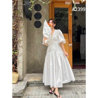 Đầm thô trắng cổ V tay bồng phối ren nổi đính hạt siêu xinh cho các bánh bèo A2399