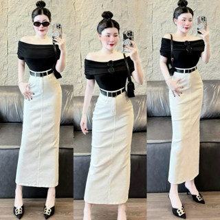 chân váy jeans dài ôm form màu đen, trắng, chất jean co giãn dáng dài , xẻ sau jean đẹp ạ ( dài 88cm)