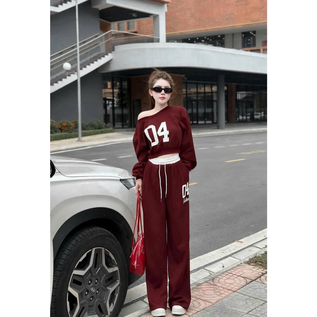 Set Bộ Đồ Nữ Áo Lệch Vai Dài Tay Dáng Lỡ Mix Quần Suông Dài Ống Rộng, Set bộ đồ nữ thu đông dáng thể thao