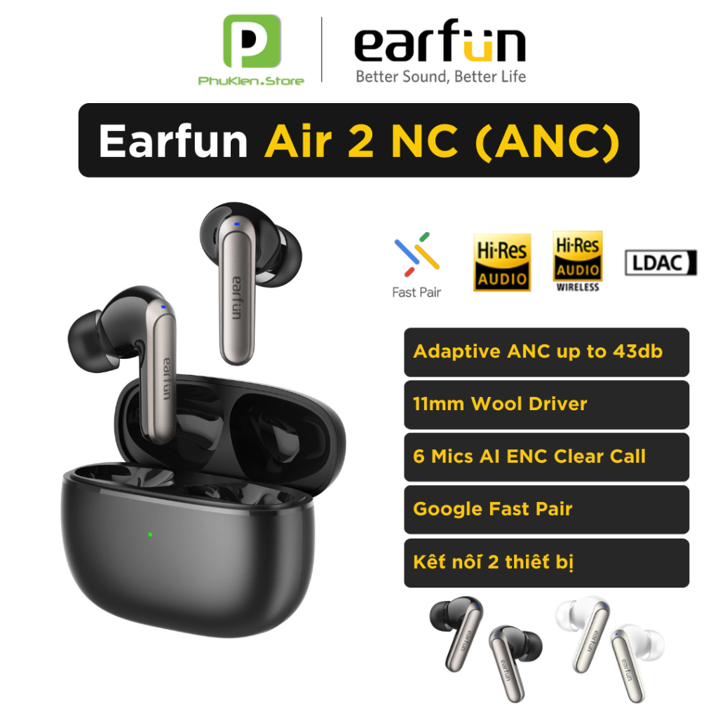 Tai nghe True Wireless EARFUN Air 2 NC | Adaptive ANC | 3D audio | Sạc không dây ( beats Soundpeats 