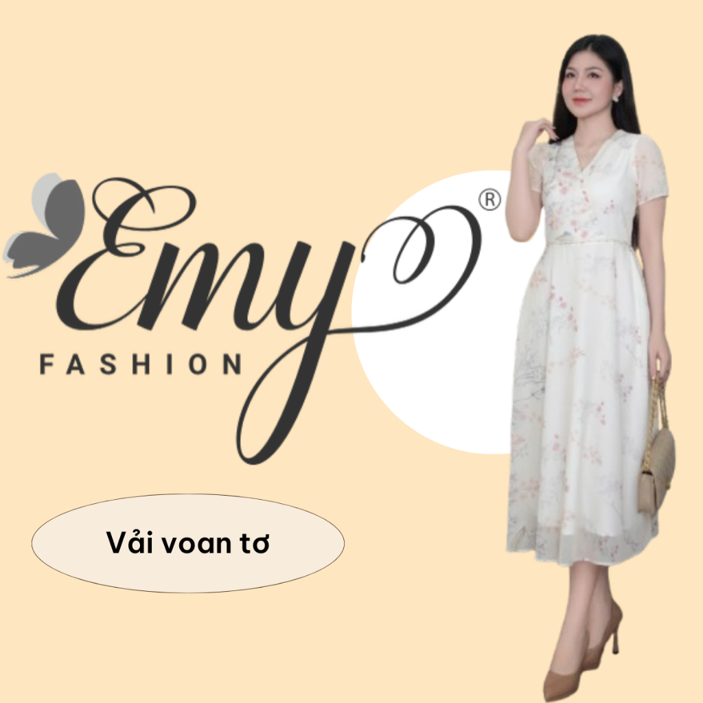 Đầm Thiết Kế EMY Thời Trang Cao Cấp Trung Niên EM9497, Vải Voan Tơ In Hoa, Nền Kem Họa Tiết Hoa Nhí Sang Chảnh Đi Tiệc