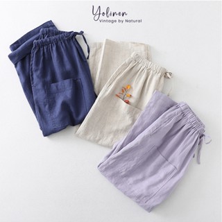  Quần 9 tấc ống rộng lưng thun đa năng YOLINEN vải linen cotton thoải mái QD06 