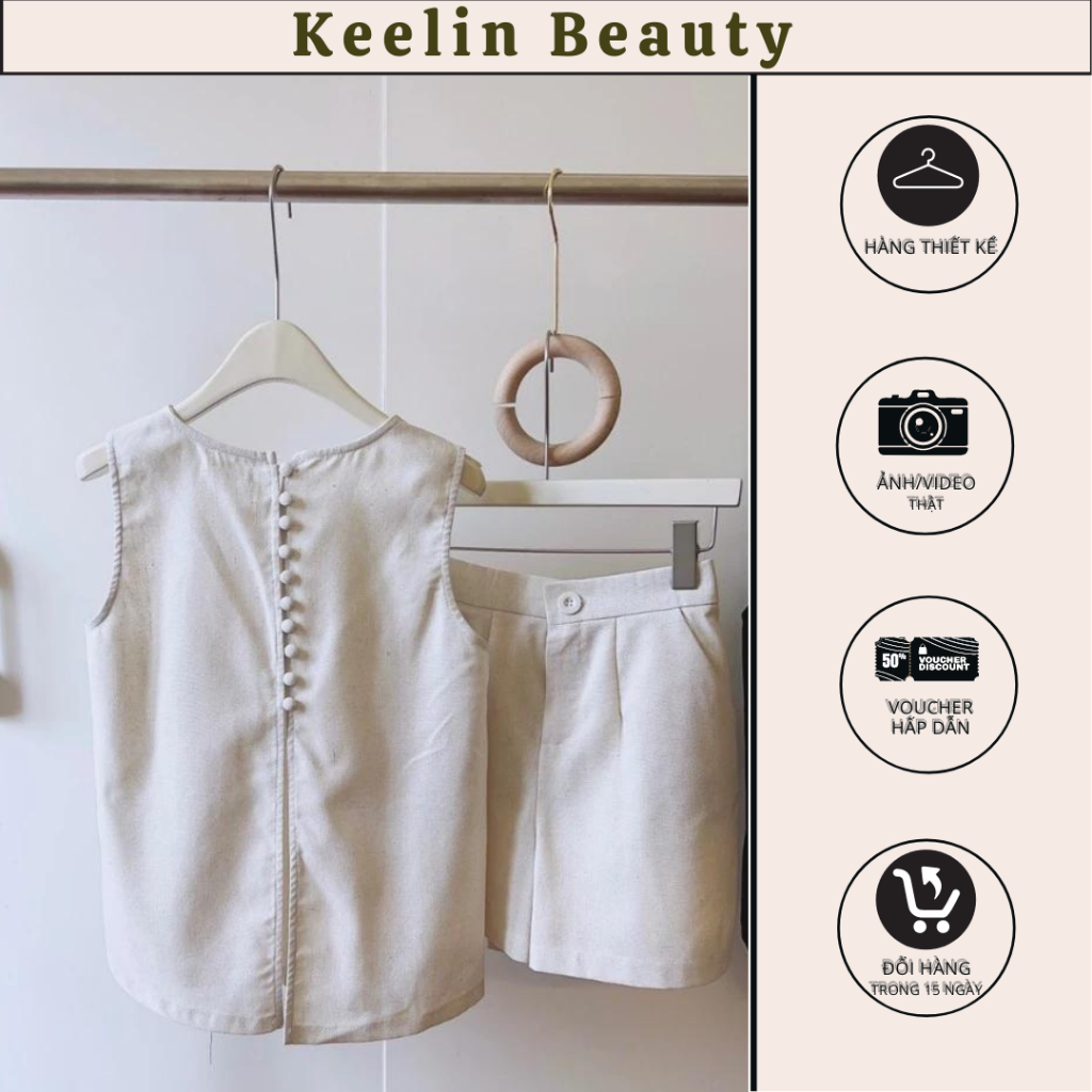 Set Bộ Nilen Nữ Keelinbeauty Áo Sát Nách Kèm Quần Short Áo Phối Cúc Bọc Ba Màu KEELIN BEAUTY