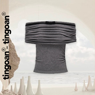 TINGOAN® - Áo trễ vai len xù xám phối nơ giữa zúm thân MEIMEI TOP/GR