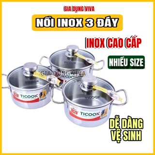 Nồi Inox 304 Ticook Nồi 3 Lớp Nắp Kính Bếp Từ  - Nồi inox 3 lớp Nắp Kính Cao Cấp sử dụng mọi loại bếp VIVA