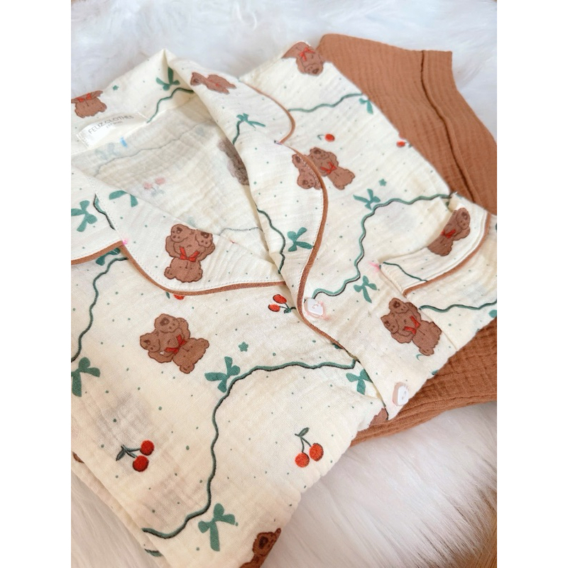 [Feliz.Clothes] Bộ ngủ pyjama gấu nâu nơ xanh siêu cutee