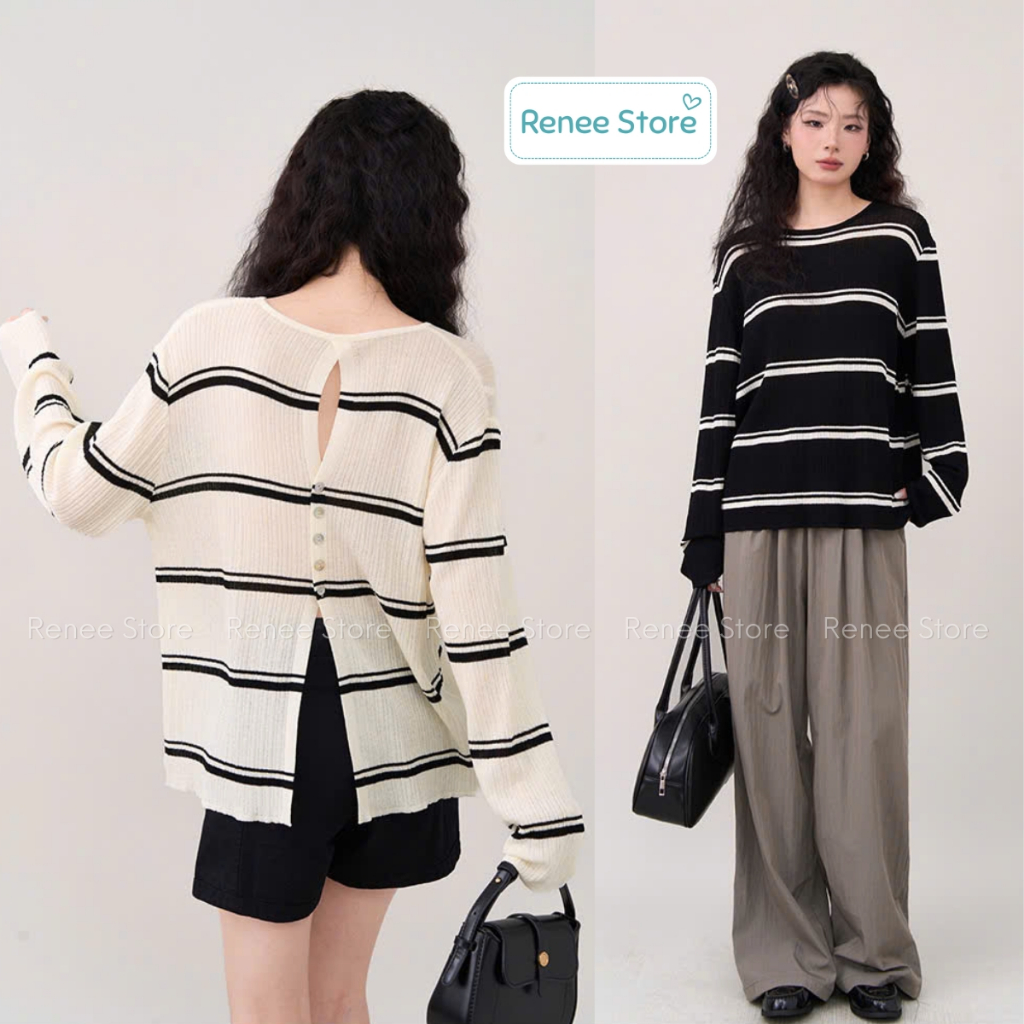 Áo len mỏng kẻ sọc hở lưng, áo cardigan cổ tròn dài tay Renee Store - AL1788 | BigBuy360 - bigbuy360.vn