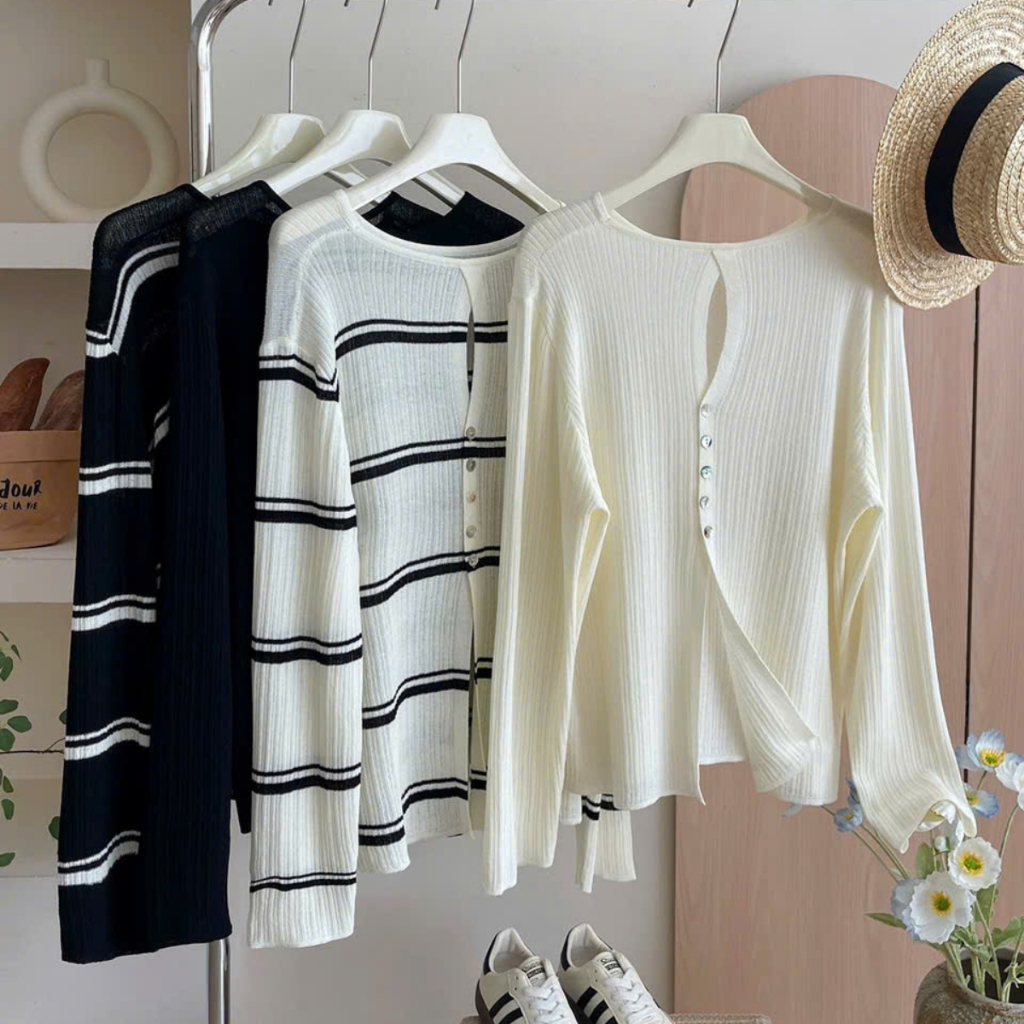 Áo len mỏng kẻ sọc hở lưng, áo cardigan cổ tròn dài tay Renee Store - AL1788 | BigBuy360 - bigbuy360.vn
