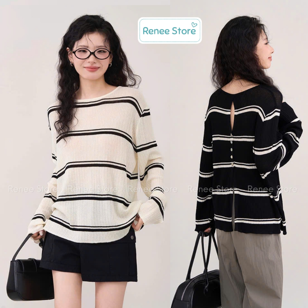 Áo len mỏng kẻ sọc hở lưng, áo cardigan cổ tròn dài tay Renee Store - AL1788 | BigBuy360 - bigbuy360.vn