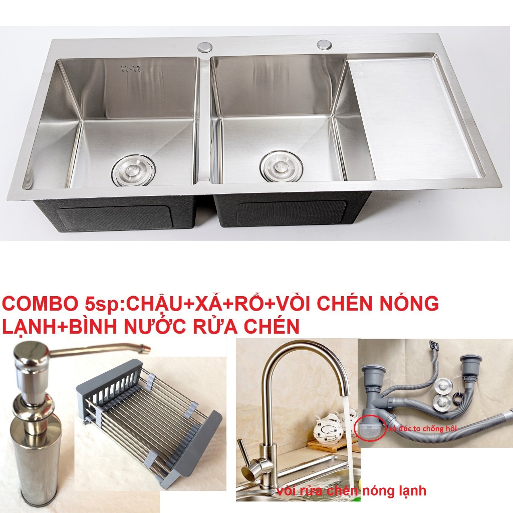 Combo Chậu Rửa Chén Bát INOX  N1 10048 và Vòi Chén Rổ Thực Phẩm,Bình rửa chén+Bộ Xả chậu