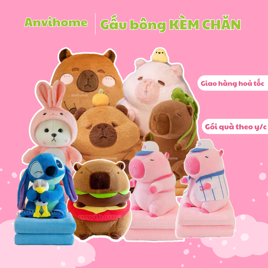 Capybara kèm chăn ANVIHOME bộ chăn gối văn phòng siêu tiện ích 2 trong 1 - Gấu Bông kèm chăn mền