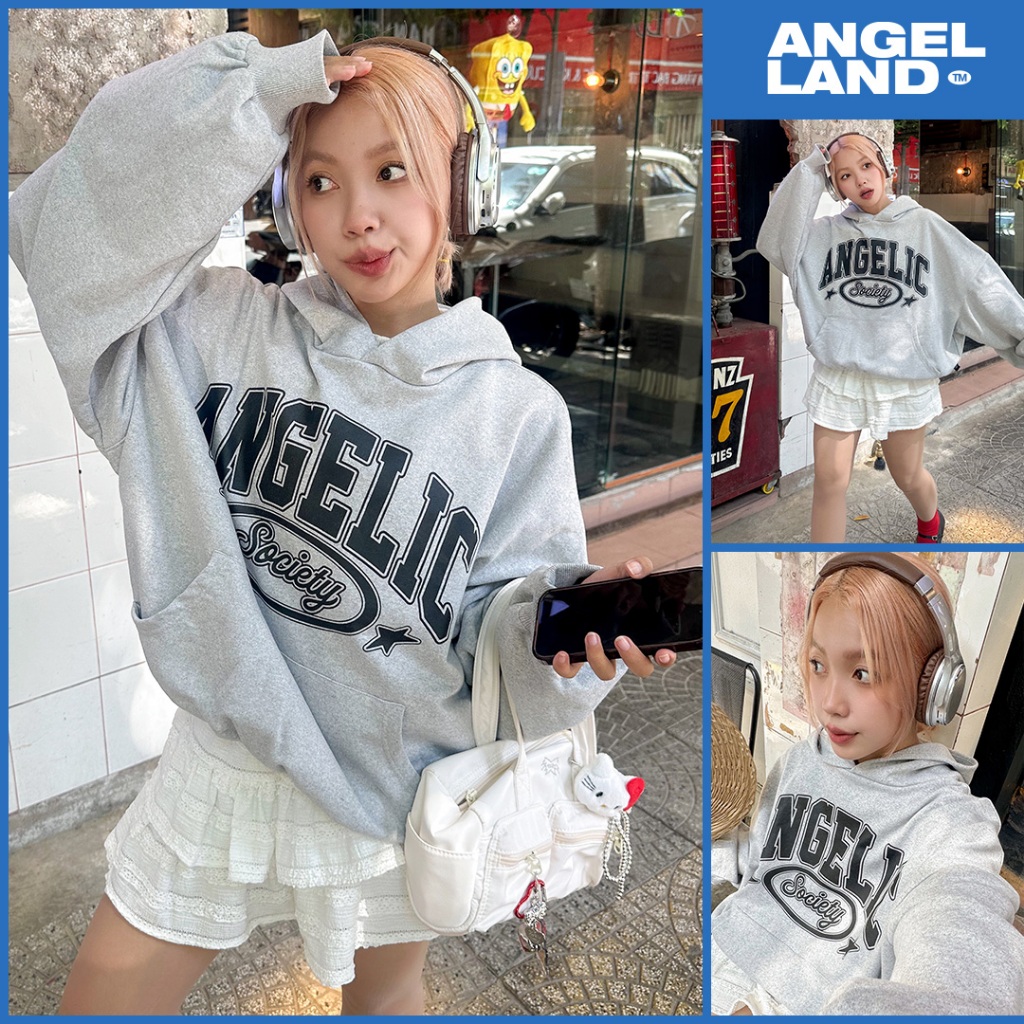 Áo HOODIE FORM BOXY nỉ chân cua ANGELIC SOCIETY màu Xám Tiêu Dày Cotton Chính Hãng Angel Land
