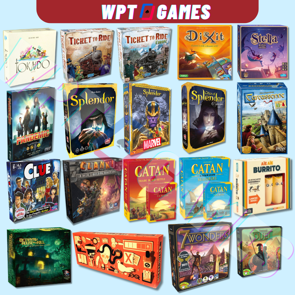 Tổng hợp bộ đồ chơi thẻ bài boardgame 7Wonders Splendor Tokaido Dixit ticket to ride Clue Clank Cata