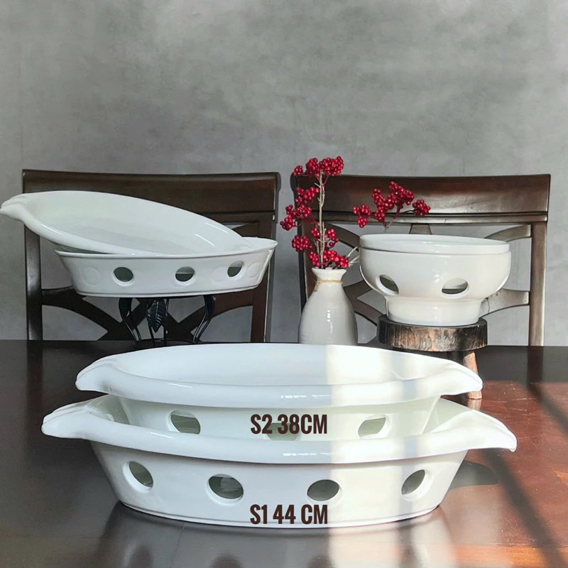 Bộ bát đĩa hâm nóng thức ăn hình bầu dục Sz 35cm, thố hấp cá đun cồn, thố sứ đun cồn hình bầu dục