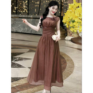  Váy thiết kế cổ tròn ngắn tay dáng dài eo xếp li che khuyết điểm bụng to xẻ tà gấu váy đầm dự tiệc b27 