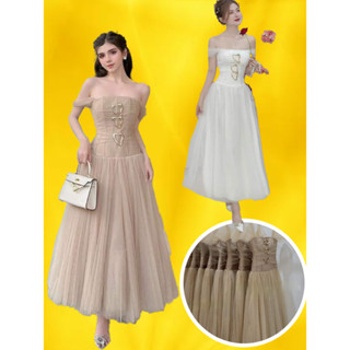  Ảnh thật Đầm váy dự tiệc xòe trễ vai tay lưới đính khoen45-65KG bigsize cúp ngực maxi đi đám cưới tùng xoè rộng ROYAL 