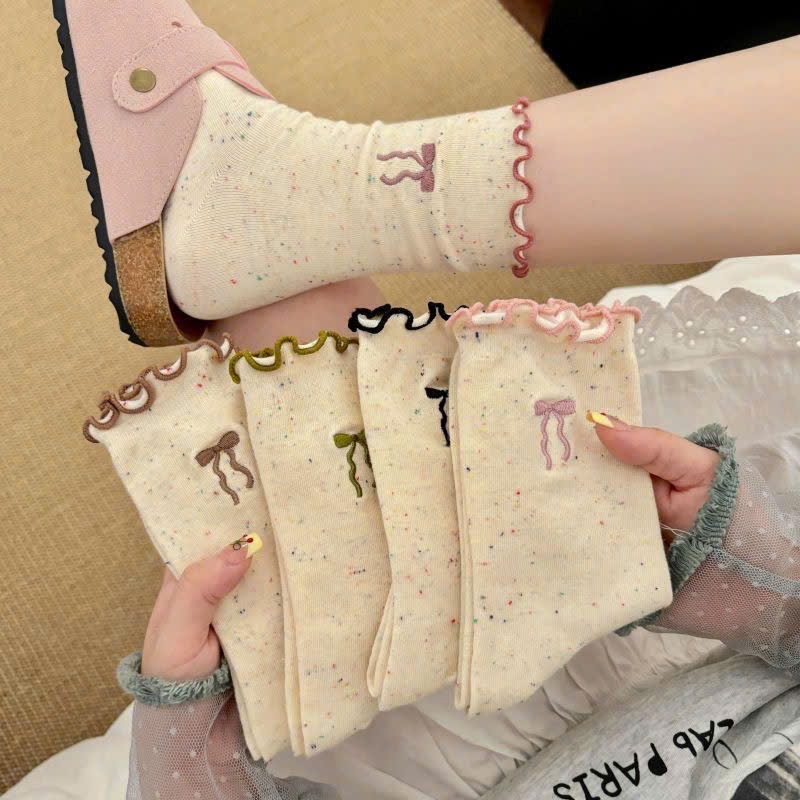 Set 5 Đôi Tất/ Vớ Nữ Cổ Cao Cotton Nơ Muối Tiêu Phối Viền Bèo Điệu Đà Hàn Quốc TT58