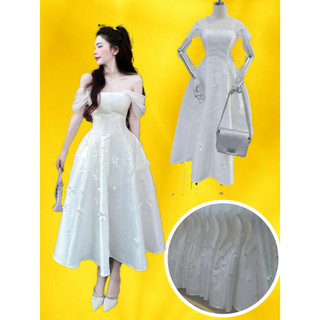  ĐẦM NỮ VÁY TRẮNG TIỂU THƯ TAY LƯỚI GHÉP MẢNH ĐÍNH HOA 3D XOÈ DÀI TRỄ VAI CÚP NGỰC XẾP LY KỶ YẾU ĐI ĐÁM CƯỚI AMITY 