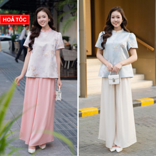 Set đồ đi chùa nữ chất liệu gấm cao cấp hình Hồ điệp, Bộ đồ đi lễ áo ngắn tay cổ tàu kèm quần ống rộng  màu xanh/hồng