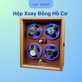 Hộp Đồng Hồ Xoay 4 Ngăn Có Mặt Kính Chống Bụi Và Đèn Led Chất Liệu Gỗ Cao Cấp