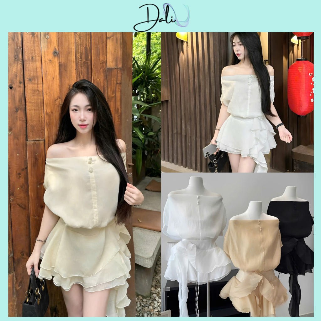 Set Tiểu Thư Chất Liệu Tơ Mềm Dáng Trễ Vai Hở Lưng Cúc Bọc Phối Hoa Vặn Nhún Hông Sang Chảnh | BigBuy360 - bigbuy360.vn