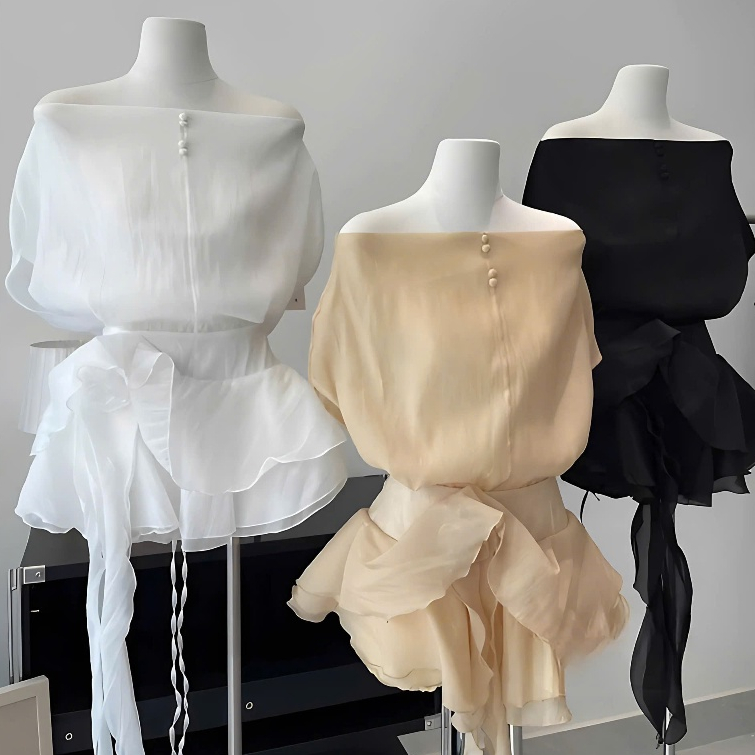 Set Tiểu Thư Chất Liệu Tơ Mềm Dáng Trễ Vai Hở Lưng Cúc Bọc Phối Hoa Vặn Nhún Hông Sang Chảnh | BigBuy360 - bigbuy360.vn