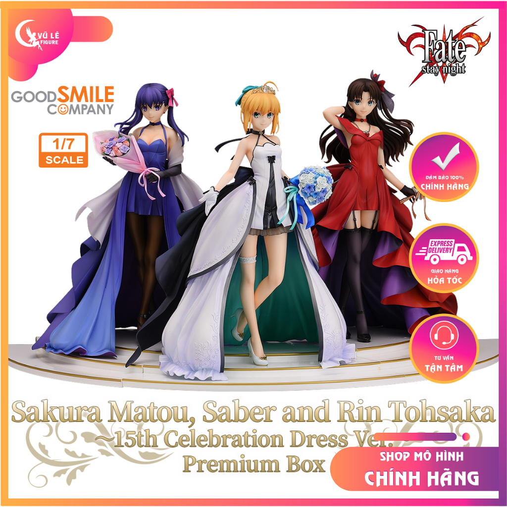 Mô hình Saber, Rin & Sakura chính hãng Good Smile Company 1/7 scale -15th Celebration Dress Ver.