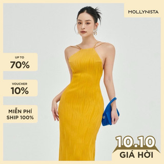 MOLLYNISTA (CHÍNH HÃNG) Đầm thiết kế Lita yếm thun gân hở lưng cao cấp đi chơi đi tiệc gợi cảm