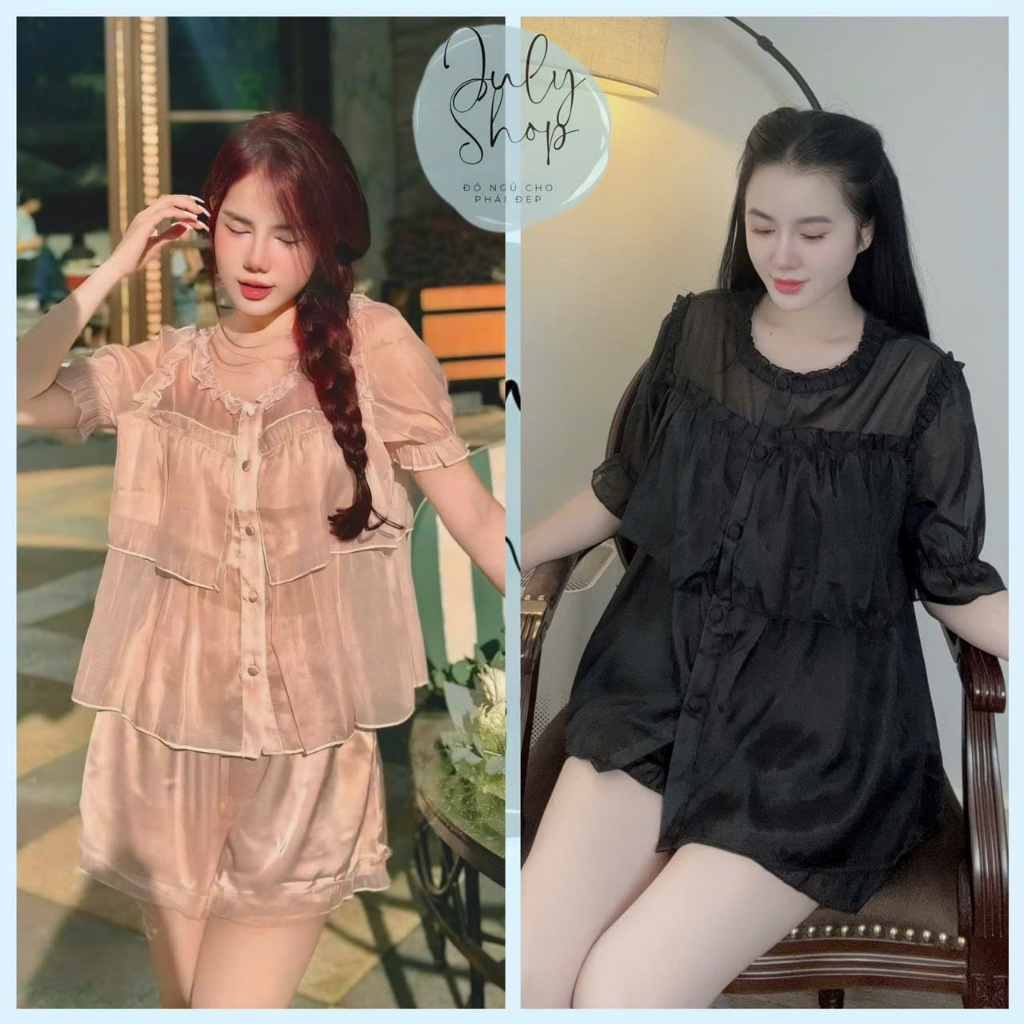 Đồ ngủ nữ, Đồ bộ đùi JULY Bigsize Áo Voan Tơ 2 lớp tay ngắn Kiểu dáng BaBy doll quần đùi chất Lụa La