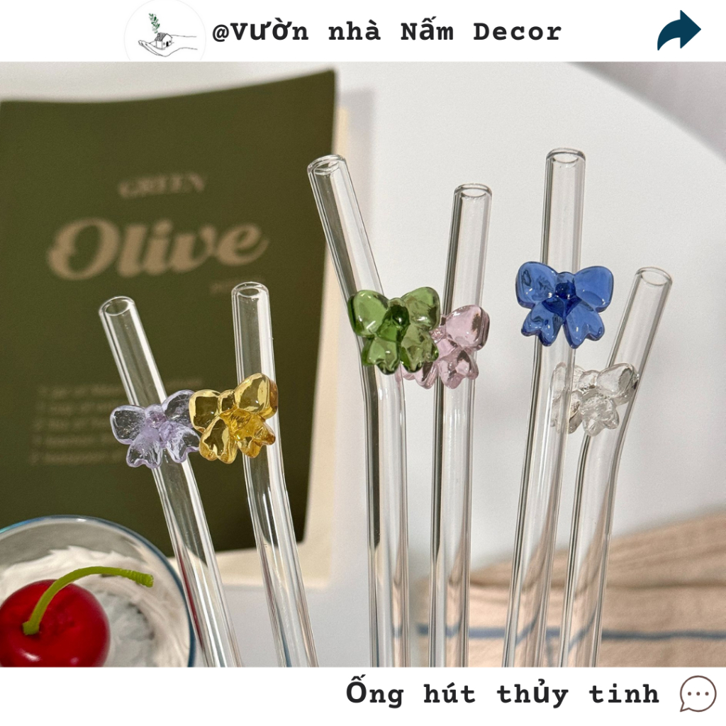 Ống hút thủy tinh đính Charm thủy tinh nơ bảo vệ môi trường