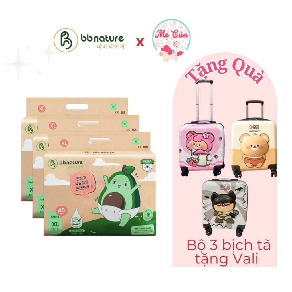 (TẶNG VALI) Bộ 3 bịch tã BB Nature bông hữu cơ NB60, S56, M52 quần M48, L44, XL40, XXL38