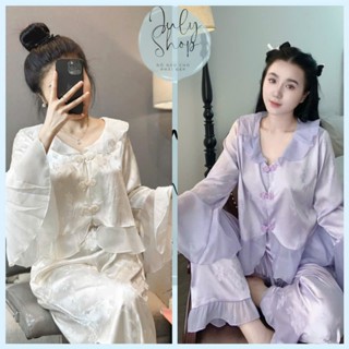 Đồ Ngủ Nữ JULY Đồ Bộ Pijama Tiểu Thư Cổ Sen Tay Chuông Nút Tàu Kiểu Dáng Croptop Chất Gấm Cao Cấp Freesize <58kg