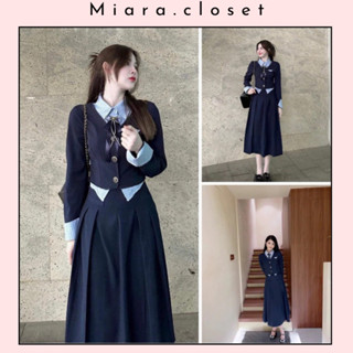 [Tặng Kèm Nơ Cài ]Set Áo Vesst phối sơmi Kèm Chân váy chữ A xếp ly  dáng dài kèm ảnh thật