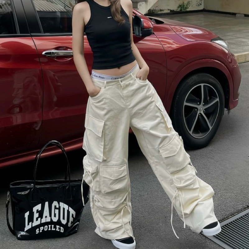 Quần kaki Cargo Y2K dài suông TEN BOX ống rộng túi hộp màu ĐEN/KEM trơn form nam nữ unisex 🖤 Quần kaki Y2K | BigBuy360 - bigbuy360.vn