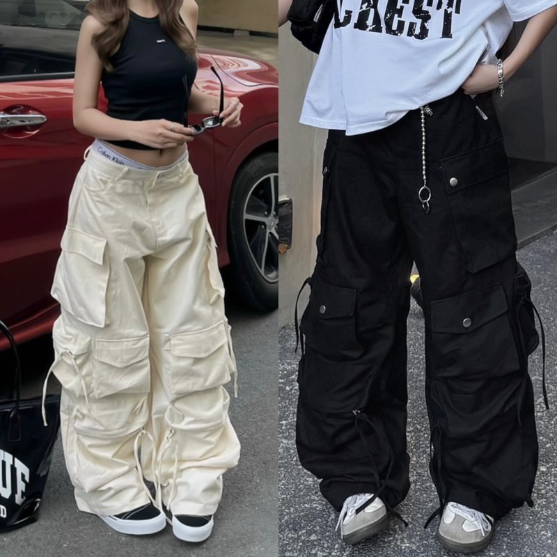 Quần kaki Cargo Y2K dài suông TEN BOX ống rộng túi hộp màu ĐEN/KEM trơn form nam nữ unisex 🖤 Quần kaki Y2K | BigBuy360 - bigbuy360.vn