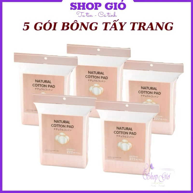 5 Gói Bông Tẩy Trang rửa mặt 222 miếng Vuông NATURAL COTTON PADS Quốc Dân Siêu Dai Dày Mềm Mại đa nă