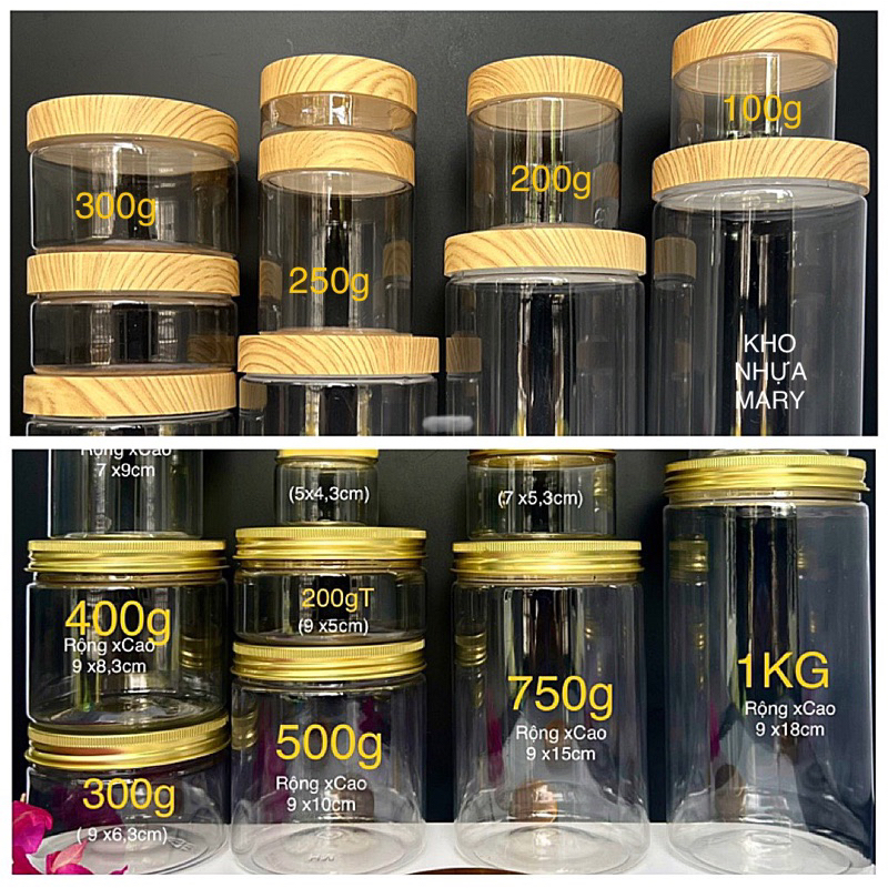 Hủ Pet TRONG SUỐT (5 cái) nắp thiếc VÀNG / HỒNG / NẮP GỖ Màu  - Hủ nhựa CHIẾT MỸ PHẨM Nắp nhôm 50g 100g 250g 300g 500g