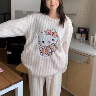 [QC]Bộ ngủ/ ủ kem nữ lông xoắn dài tay HELLO KITTY mềm mại ấm áp freesize Áo Quần Ngủ Áo Ngủ Pijama