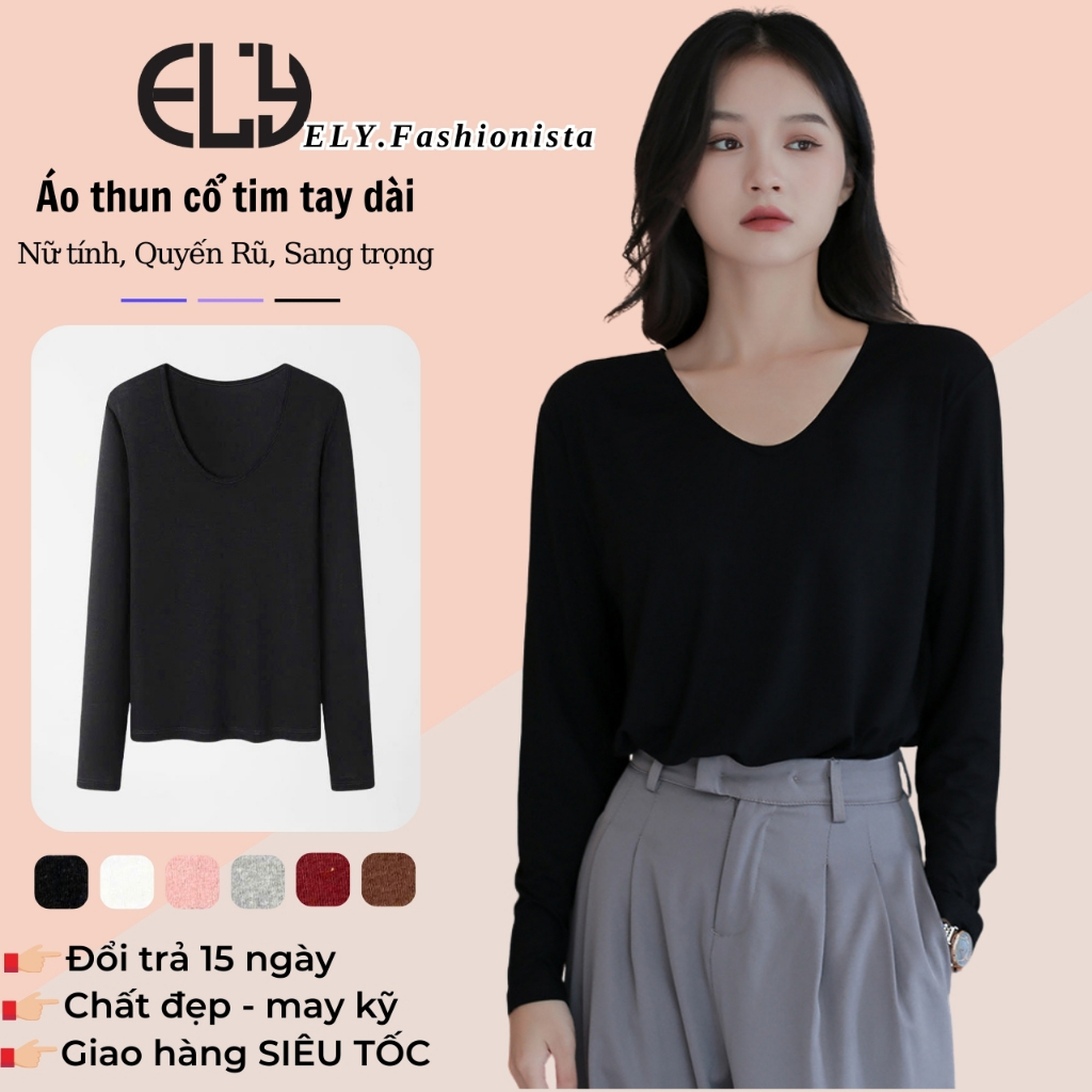 Áo phông nữ dài tay cổ tim ELY chất cotton dẻo cao cấp co giãn áo thun nữ tay dài thu đông ELY289 | BigBuy360 - bigbuy360.vn