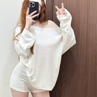 Set Áo Lệch Vai Basic Kèm Quần Short, Áo Thun Trễ Vai Dài Tay Form Rộng Mix Quần Ôm Dáng