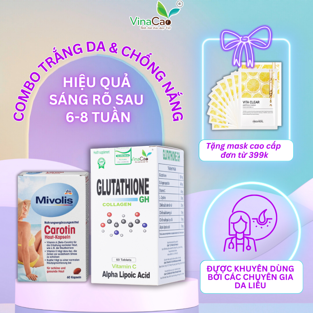 (120 viên) Combo viên trắng da và chống nắng toàn diện Glutathione Collagen GH 600mg và Mivolis Caro