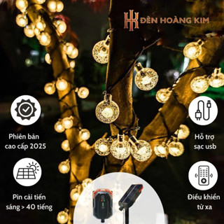 Đèn Led Trang Trí Năng Lượng Mặt Trời Hoàng Kim Dài 12m Gồm 100 Bóng Tròn, Tấm Pin Cao Cấp Có Remote + Sạc USB